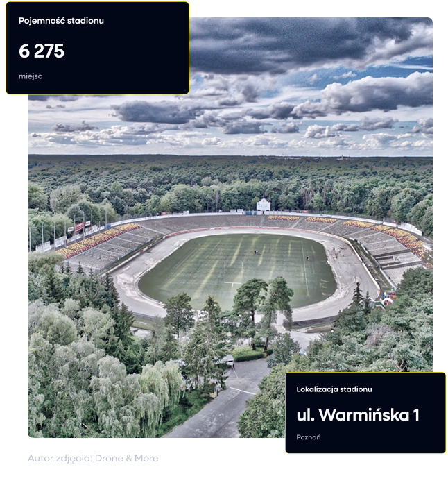 Zdjęcie przedstawiające stadion PSŻ. Pojemność stadionu: 6 275 miejsc Lokalizacja stadionu: ul. Warmińska 1 Poznań Autor zdjęcia: Drone & More
